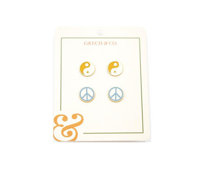 2 Pares de Brincos Infantil de Esmalte Ying Yang + Peace Sign