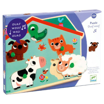 Puzzle sonoro em madeira – Animais da Quinta Ouaf Woof